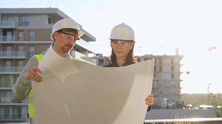 Man and woman architects wearing safety helmets and vests holding blueprint and discussing something...