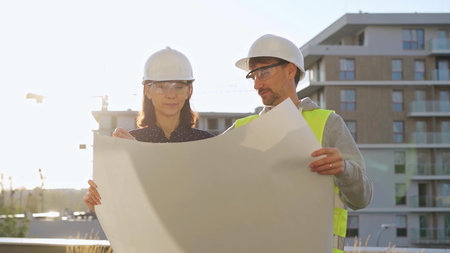 Two architects wearing safety hard hats are holding blueprint and discussing something on...