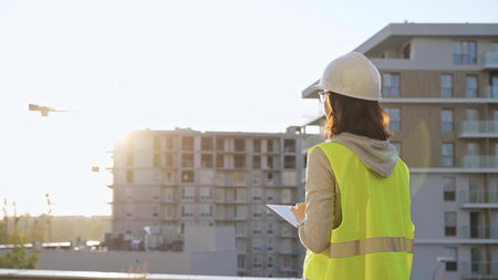Woman construction engineer is taking notes with a tablet pc while inspecting a construction site at...