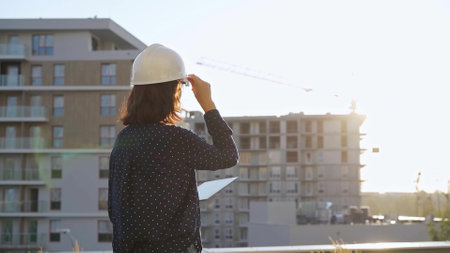 Female architect wearing a safety helmet is using a tablet computer while inspecting a building construction site at sunsetの写真素材