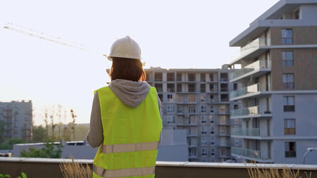 Construction female engineer taking notes and writing on clipboard while inspecting a building site...