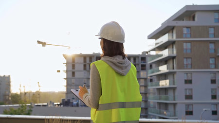 Woman construction engineer is taking notes and writing on a clipboard while inspecting a...