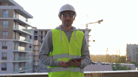 Man construction site engineer holding tablet and wearing hard hat and safety vest with a sunrise at...