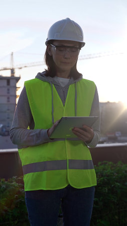 Female architect or engineer wearing safety hard hat and vest holding digital tablet while inspecting a construction site at sunrise in early morning, front vertical view. Architecture conceptの写真素材