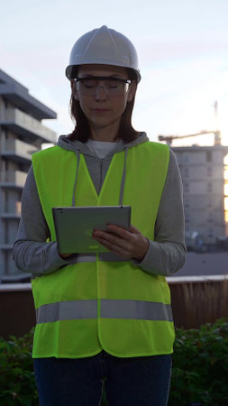 Woman engineer wearing safety hard hat and vest holding digital tablet while inspecting a construction site at sunrise in early morning, front vertical view. Architecture conceptの写真素材