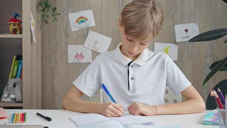Young boy studying at the desk at home or school class room