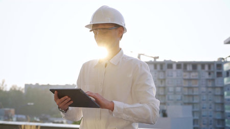 Man construction engineer or architect wearing white shirt and hard hat is using digital tablet...