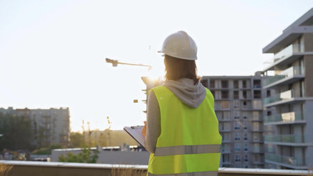 Female construction engineer with a hard hat and safety vest is writing on a clipboard while inspecting a construction site in the evening at sunsetの写真素材