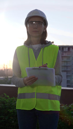 Woman an architect or engineer wearing safety hard hat and vest holding clipboard while inspecting a construction site at sunrise in early morning, front vertical view. Architecture conceptの写真素材