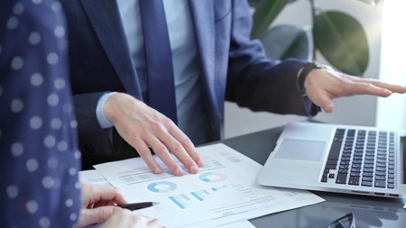 Two professionals analyzing a pie chart during a strategic business meeting. Business meeting with...