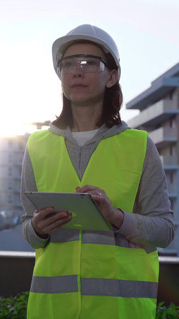 Woman a construction engineer with a white hard hat and safety vest is using digital tablet while inspecting a construction site in the early morning at sunrise, front viewの写真素材