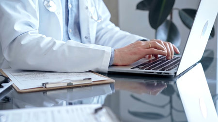 Doctor is using laptop computer in clinic office while sitting at the glass desk.