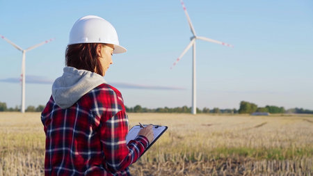 Female engineer wearing a white protective helmet is taking notes with a clipboard in a field with...