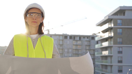 Woman an architect or engineer wearing safety hard hat and vest holding blueprint while inspecting a construction site at sunrise, front view. Architecture and engineering conceptsの写真素材