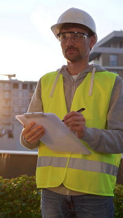 Man engineer with white helmet and safety vest is taking notes on a clipboard while inspecting a...
