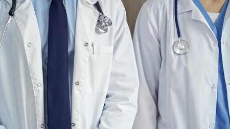 Professional healthcare team in uniform. Two doctors with stethoscopes are standing straight. Medicine conceptの写真素材