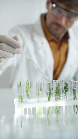 Man scientist wearing a lab coat, white gloves and protective glasses, is dripping liquid from a pipette into a test tube with a green plant inside, vertical portrait. Science and medicine conceptsの写真素材