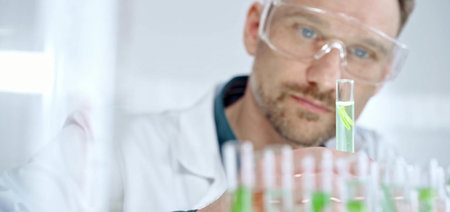 Man researcher with safety glasses is examining lab tube with a green fluid in a modern laboratory,...