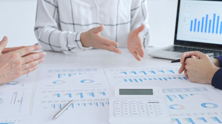 Business professionals discussing financial reports and data analysis during an office meeting,...