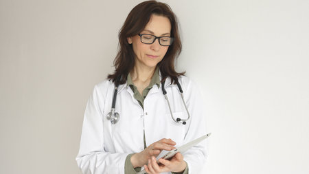 Headshot of a female physician reviewing patient records on digital tablet, standing in contemporary...