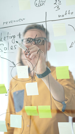 Business people team strategizing, writing collaborative notes on glass board, mapping innovative project workflow with marker in officeの写真素材