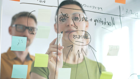 Professional team brainstorming, sharing strategy on glass whiteboard with colorful sticky notes, working collaboratively in bright office space. Business people conceptの写真素材