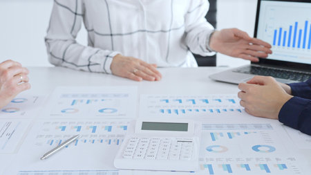 Business professionals discussing financial reports and data analysis during an office meeting,...