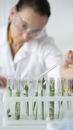 Woman scientist wearing a lab coat, is dripping liquid from a pipette into a test tube with a green plant inside, vertical close up view. Science and medicine conceptsの写真素材