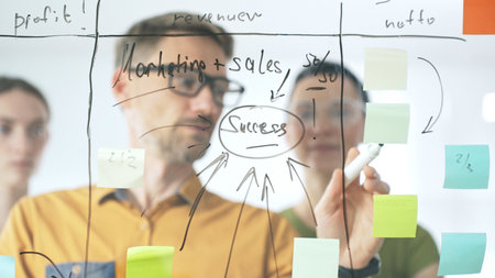 Business people team brainstorming strategic goals, mapping innovative concepts on transparent...