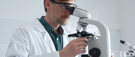Adult male scientist wearing lab coat and protective glasses using microscope, doing scientific...