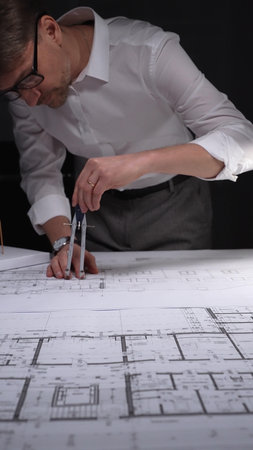 Architect working on blueprints using a compass, designing building plans in a studio at night....