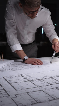 Architect working on blueprints using a compass, designing building plans in a studio at night....
