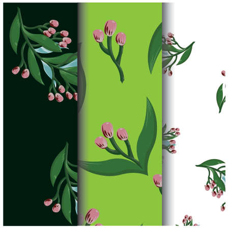 Twig with pink flowers, green and blue leaves on a white, light green, dark green background. A set of three seamless patterns for fabric, textile, wrapping paper, wallpaper, background, prints. Vector stock illustration.の写真素材