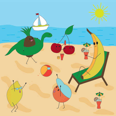 Cote d'Azur. Sea, sun, sand, beach. White sailboat in the distance. Funny characters, ripe juicy fruits are resting on the shore - sunbathing, swimming, playing outdoor games. Vector illustration.のイラスト素材