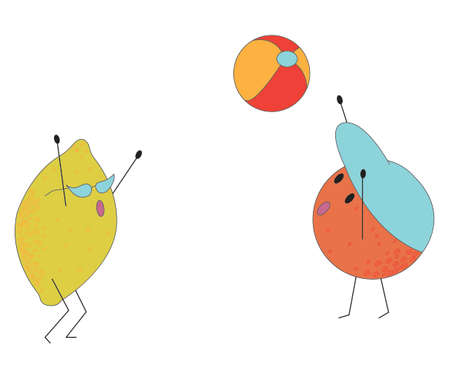 An orange in a baseball cap and a lemon in sunglasses are playing ball. Vector stock illustration in cartoon style isolated on white background.のイラスト素材