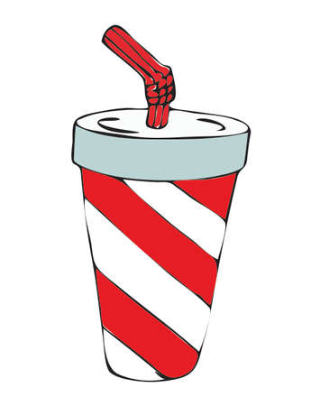 Drink in a disposable paper cup with a paste lid and a cocktail straw. The glass is painted with a diagonal red and white stripe. Vector stock illustration.のイラスト素材