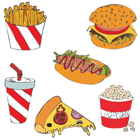 Street food, icon set, fast food, french fries, hamburger, drink, popcorn, hot dog, pizza, vector, illustration, cartoon style, street, summer, spring, autumn, road, travel, breakfast, lunch, dinner, snack, delicious, aromatic, cardboard packaging, hot, warm, fresh, potatoes, bread, bun, sesame, wheat, cutlet, meat, lettuce, cheese, tomato slice, glass, soda, lemonade, coffee, lid, straw, bucket, corn, vegetable oil, caramel, sausage, mayonnaise, ketchup, mustard, pastries, Italian, flowing, champignons, olives, sausageのイラスト素材