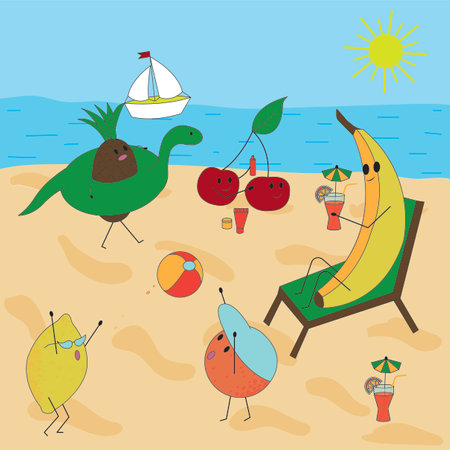 Cote d'Azur. Sea, sun, sand, beach. White sailboat in the distance. Funny characters, ripe juicy fruits are resting on the shore - sunbathing, swimming, playing outdoor games. Vector illustration.のイラスト素材