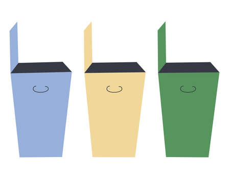 Three garbage cans in blue, yellow and green. The concept of separate collection of waste, care for nature, recycling. vector illustration.のイラスト素材