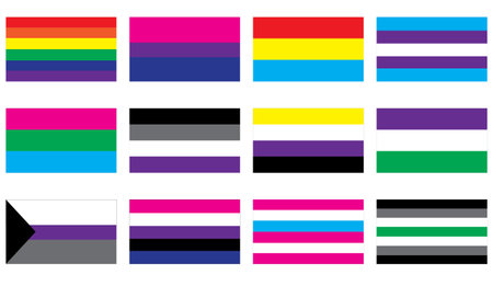 Flags of sexual identity. Symbol for , bisexual, pansexual, transgender, polysexual, asexual, non-binari, genderqueer, demisexual, gender fluid, intersex, agender. Happy love day, pride concept. Stop homophobia. Vector illustration isolated on white background.のイラスト素材