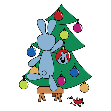Bunny decorates the Christmas tree. Cute childish art in cartoon style. Vector illustration isolated on white background.のイラスト素材
