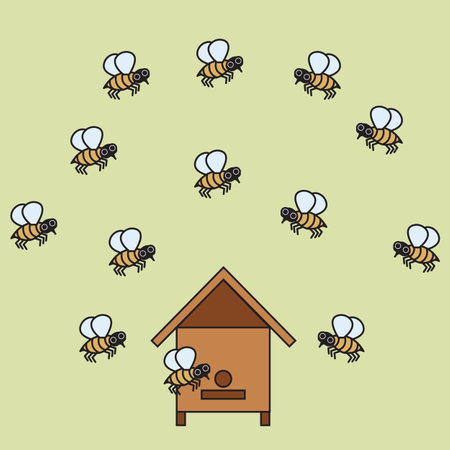 Beehive with bees in cartoon style. Vector illustration isolated on light green background.のイラスト素材