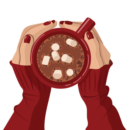 Red mug of cocoa with marshmallows in female hands, top view. Flat illustration isolated on white background.のイラスト素材