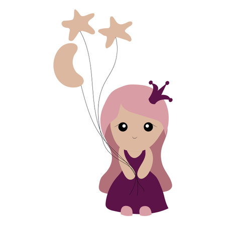 Little cute girl princess with balloons in the form of the moon and stars.のイラスト素材