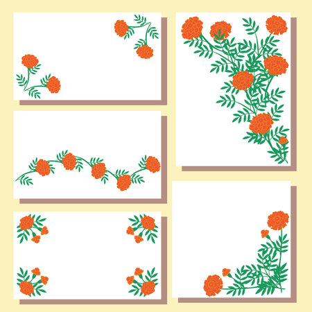Set of postcards with calendula flowers. Vector illustration isolated on white background.のイラスト素材