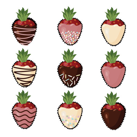 A set of strawberries in white, dark and fruit chocolate with stripes of chocolate icing and multi-colored sugar sprinkles. Vector illustration isolated on white background.のイラスト素材