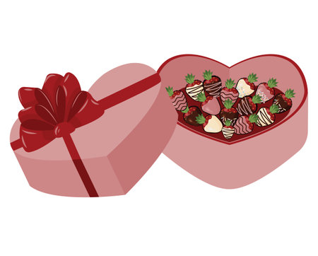 Chocolate covered strawberries in a heart shaped pink gift box. Vector holiday illustration isolated on white background.のイラスト素材
