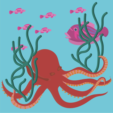 Orange octopus with fish and seaweed in cartoon style. vector illustration.のイラスト素材