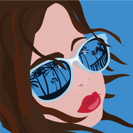 The face of a girl whose sunglasses reflect the sun and palm trees. The concept of summer holidays on the beach. illustration for your design. Vector.のイラスト素材