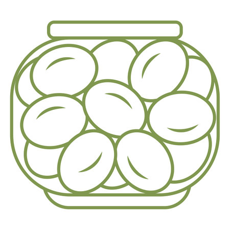 Olives in a transparent glass jar. Simple icon in doodle style. Vector illustration isolated on white background.のイラスト素材